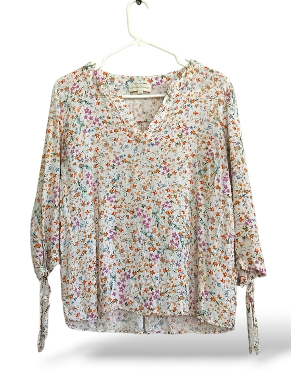 Cynthia Rowley White Ditsy Floral Blouse Pink Orange Vneck Tie Front Light